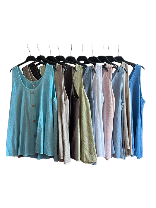 Women’s Italian Linen Blend Layering A- Line Sleeveless Vest Top With Buttons