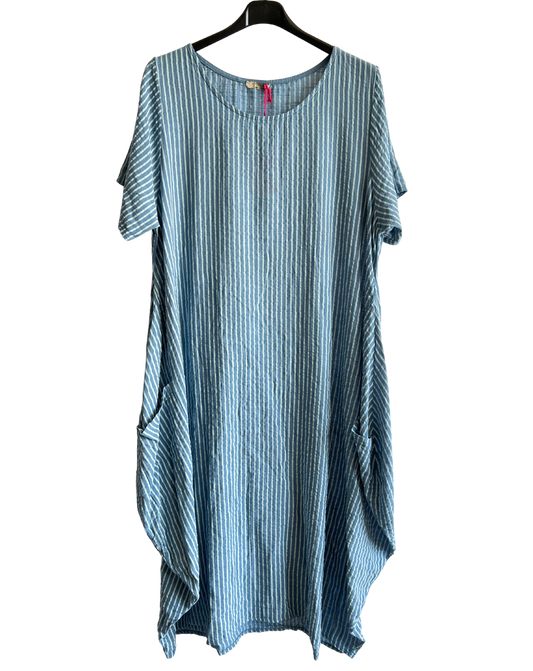 Lagenlook Stripe Cotton Summer Long Dress In Light Blue