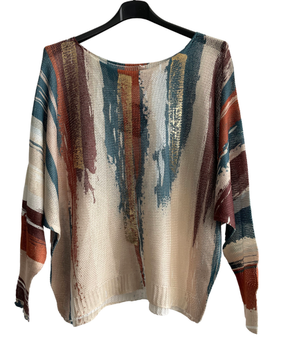 Foil Paint Splash Design Fine Knit Batwing Autumn Jumper in Cream