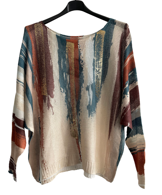 Foil Paint Splash Design Fine Knit Batwing Autumn Jumper in Cream