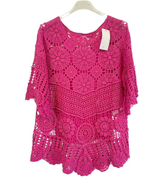 2 Piece Set Crochet Quirky Casual Tunic Top with Matching Vest in Fuchsia
