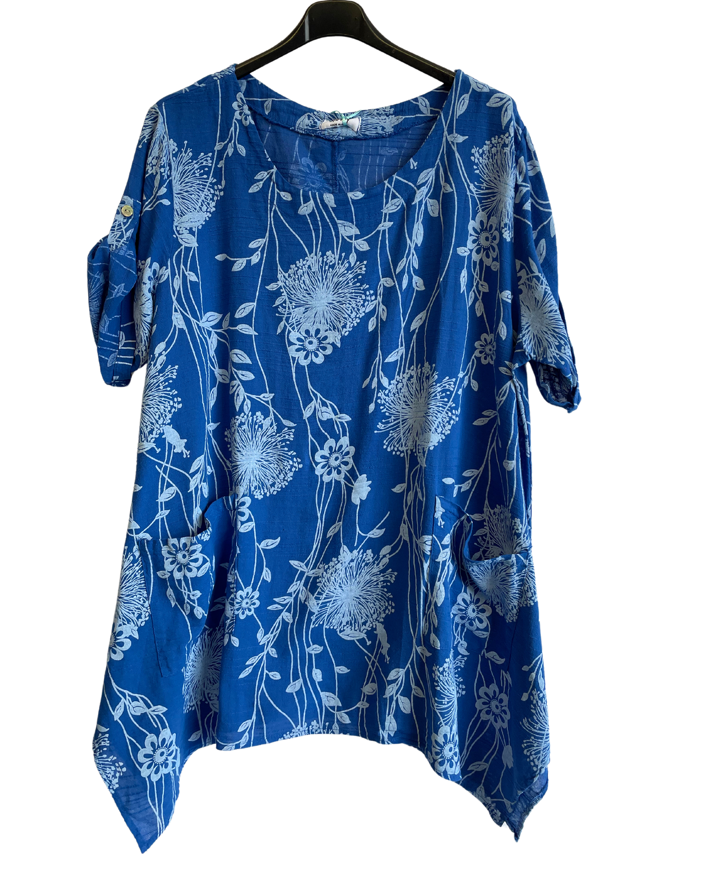 New Womens Italian Two Pocket Floral- Print Linen Mix Tunic Top With Long Sides