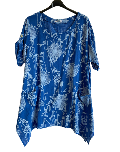 New Womens Italian Two Pocket Floral- Print Linen Mix Tunic Top With Long Sides