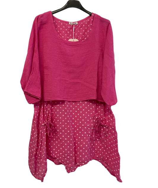 2 Piece Spot Dress Asymmetric Hem with Plain Crop Top in Fuchsia