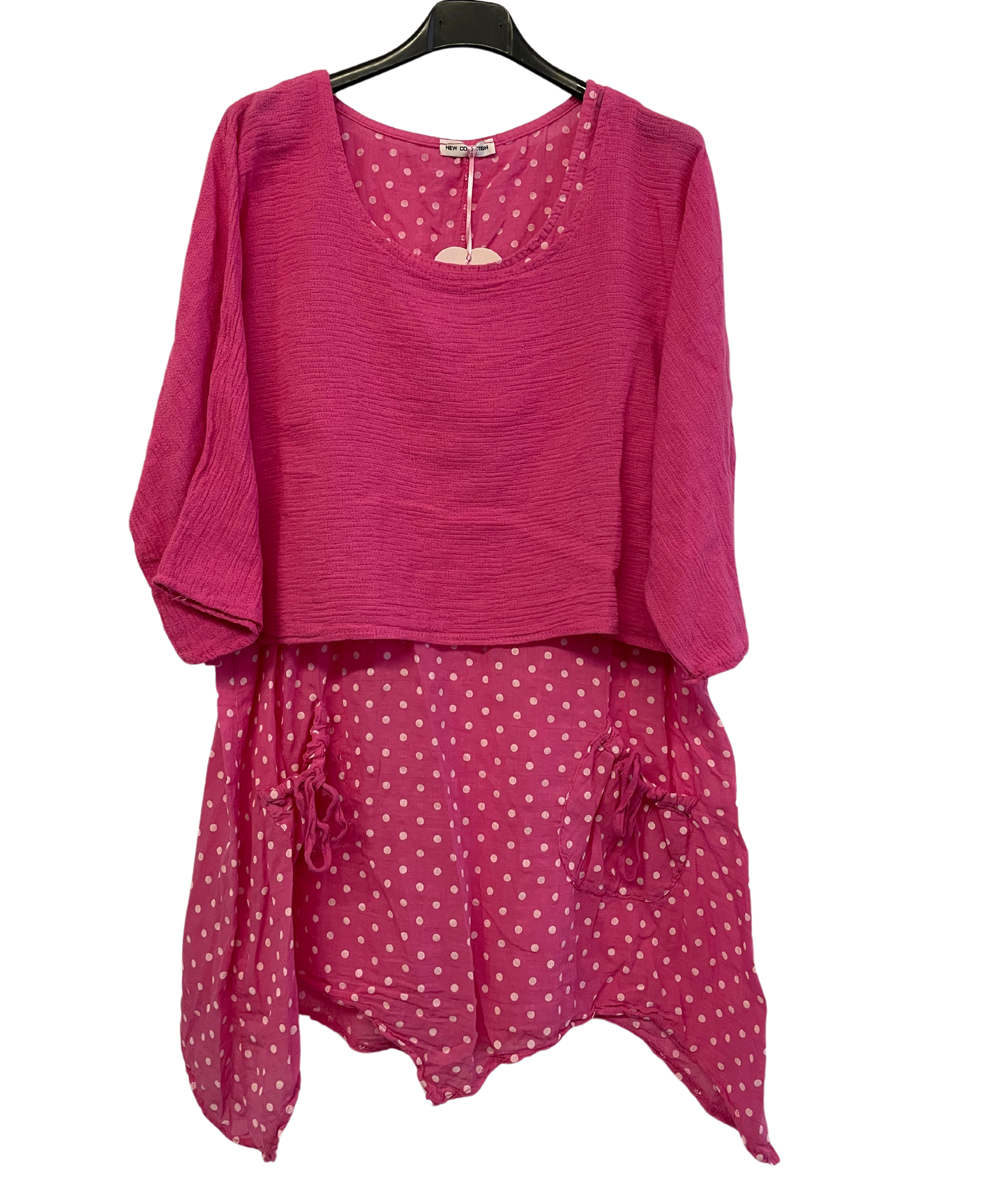 Brand New 2 Piece Spot Dress Womens Lagenlook Asymmetric Hem with Plain Crop Top
