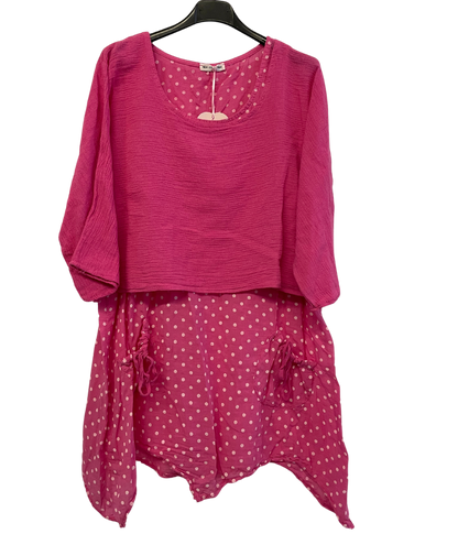Brand New 2 Piece Spot Dress Womens Lagenlook Asymmetric Hem with Plain Crop Top