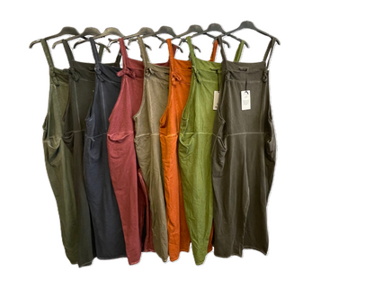 Ladies Italian Lagenlook Acid Washed Plain Jersey Casual 2 Pocket Dungarees