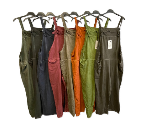 Ladies Italian Lagenlook Acid Washed Plain Jersey Casual 2 Pocket Dungarees