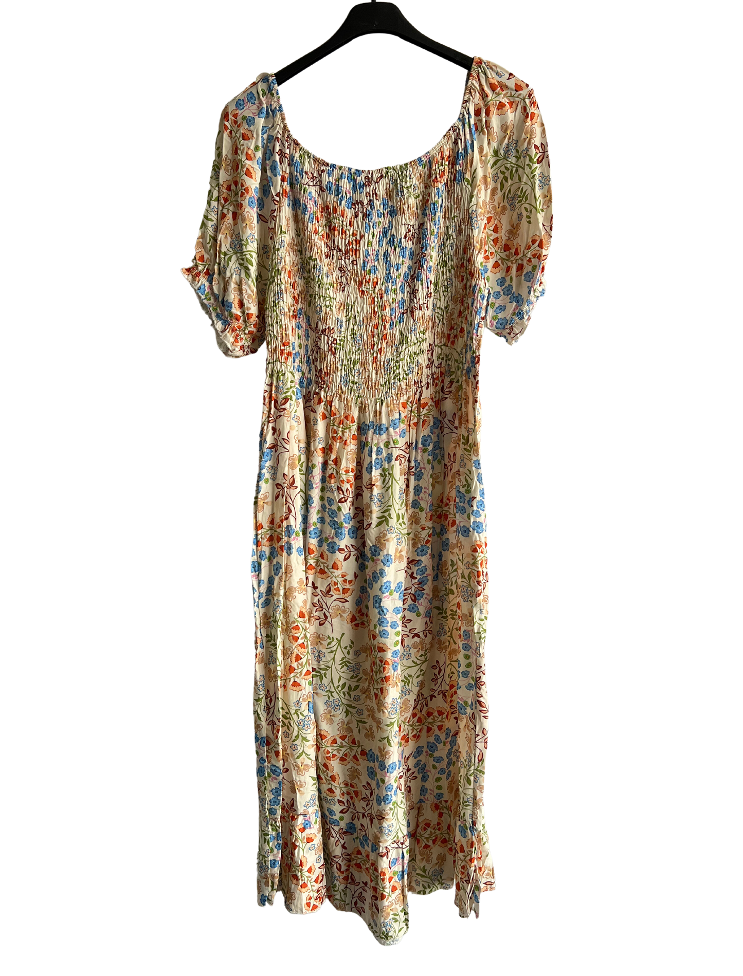 Flower Print Design Long Summer Dress in Blue/Rust/Brown