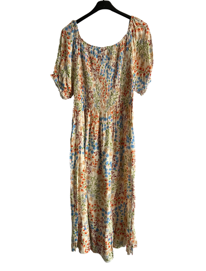 Flower Print Design Long Summer Dress in Blue/Rust/Brown