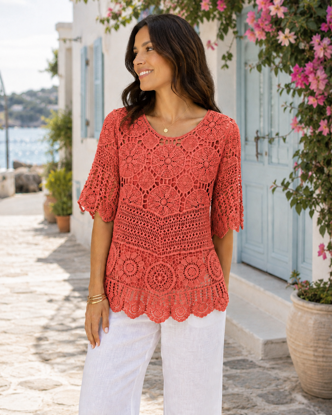 Brand New Womens Lagenlook Italian 2 Piece Crochet Quirky Casual Tunic Top