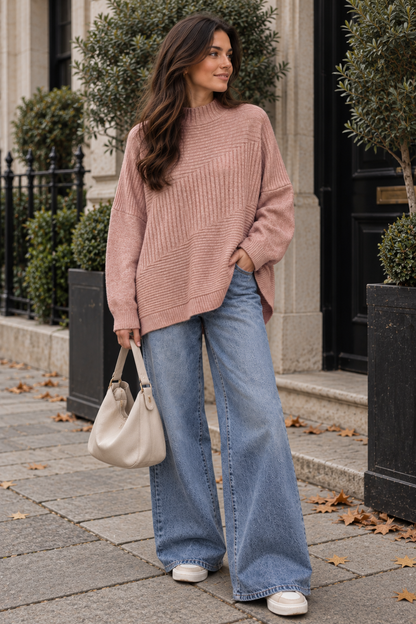 New Womens Soft Knitted Boxy High Neck Jumper with Ribbed Block design