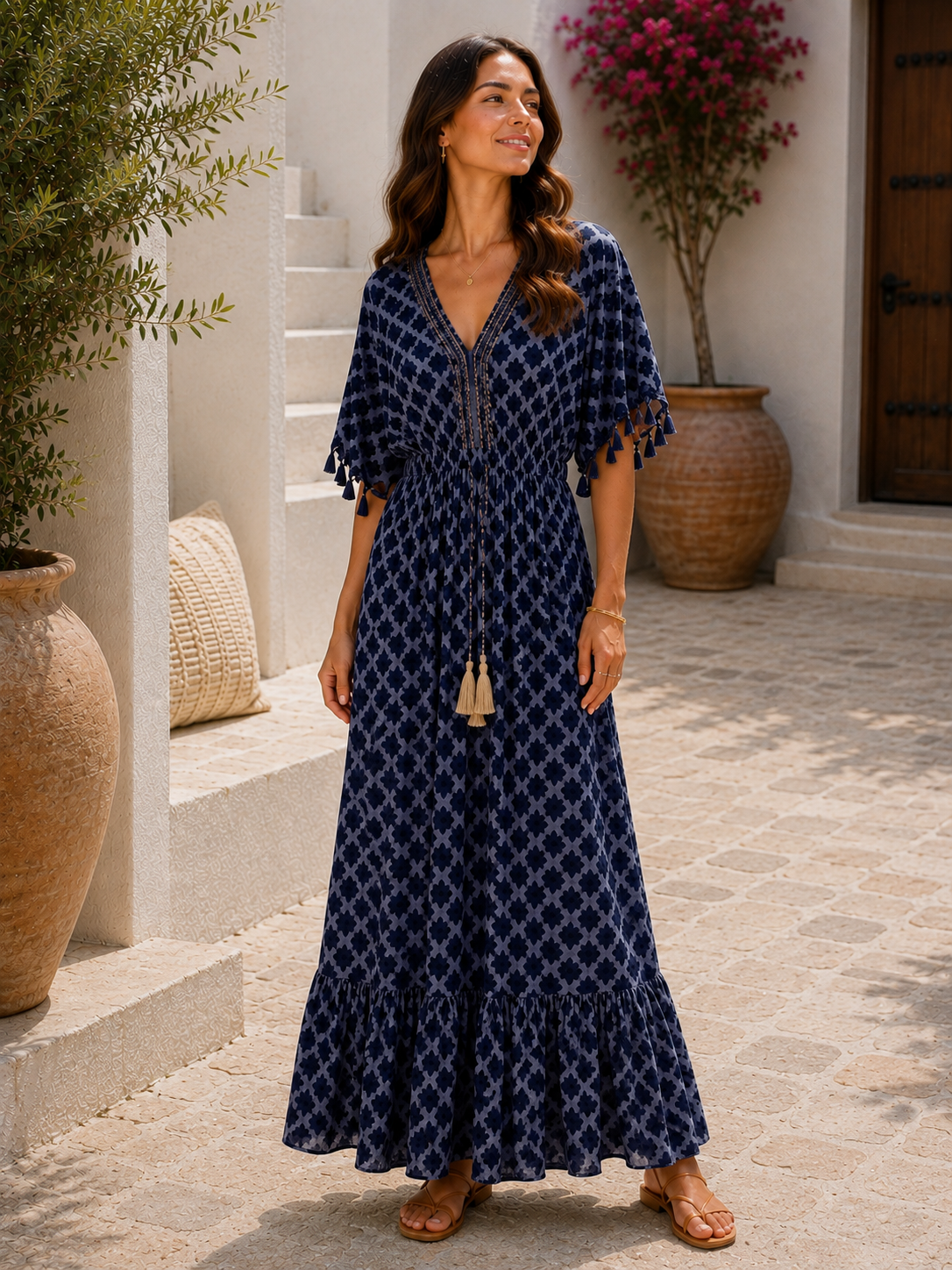 Brand New Womens Italian Summer Kaftan Style Tassel Sleeve Maxi Dresses