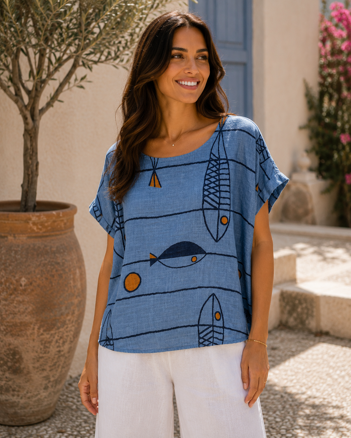 New Women's Ladies Italian Summer Fish Print Casual Tunic Top
