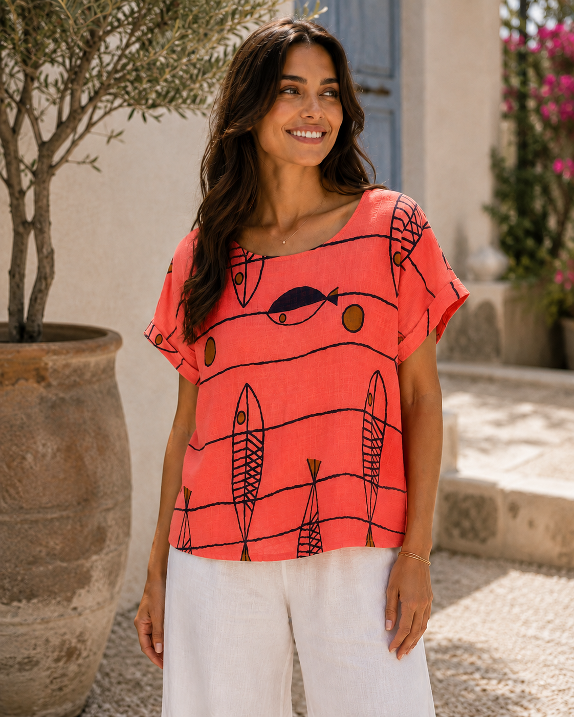 New Women's Ladies Italian Summer Fish Print Casual Tunic Top