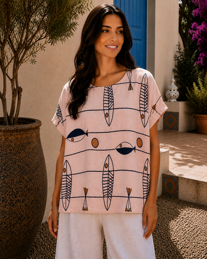 New Women's Ladies Italian Summer Fish Print Casual Tunic Top