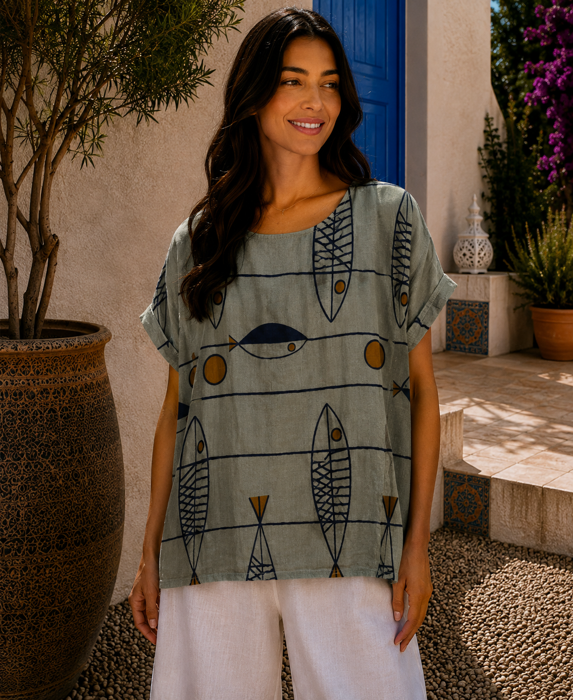 New Women's Ladies Italian Summer Fish Print Casual Tunic Top
