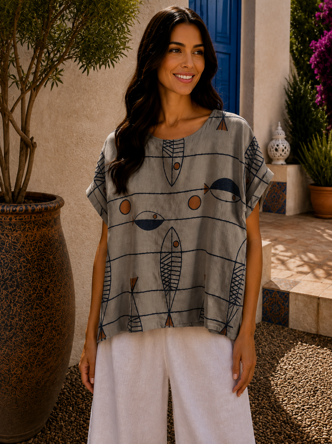 New Women's Ladies Italian Summer Fish Print Casual Tunic Top