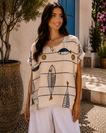 New Women's Ladies Italian Summer Fish Print Casual Tunic Top