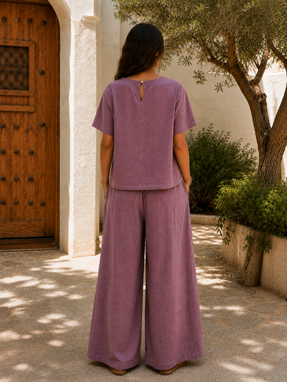 New Women’s Italian Linen Mix Short Sleeve Top With Button Fastening On Back