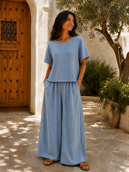 New Women’s Italian Linen Mix Short Sleeve Top With Button Fastening On Back