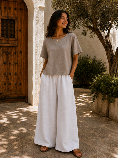 New Women’s Italian Linen Mix Short Sleeve Top With Button Fastening On Back