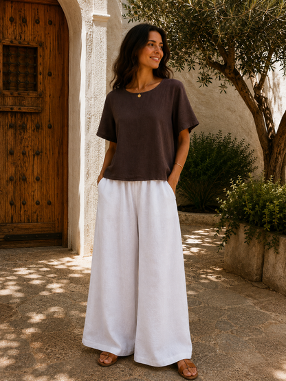 New Women’s Italian Linen Mix Short Sleeve Top With Button Fastening On Back