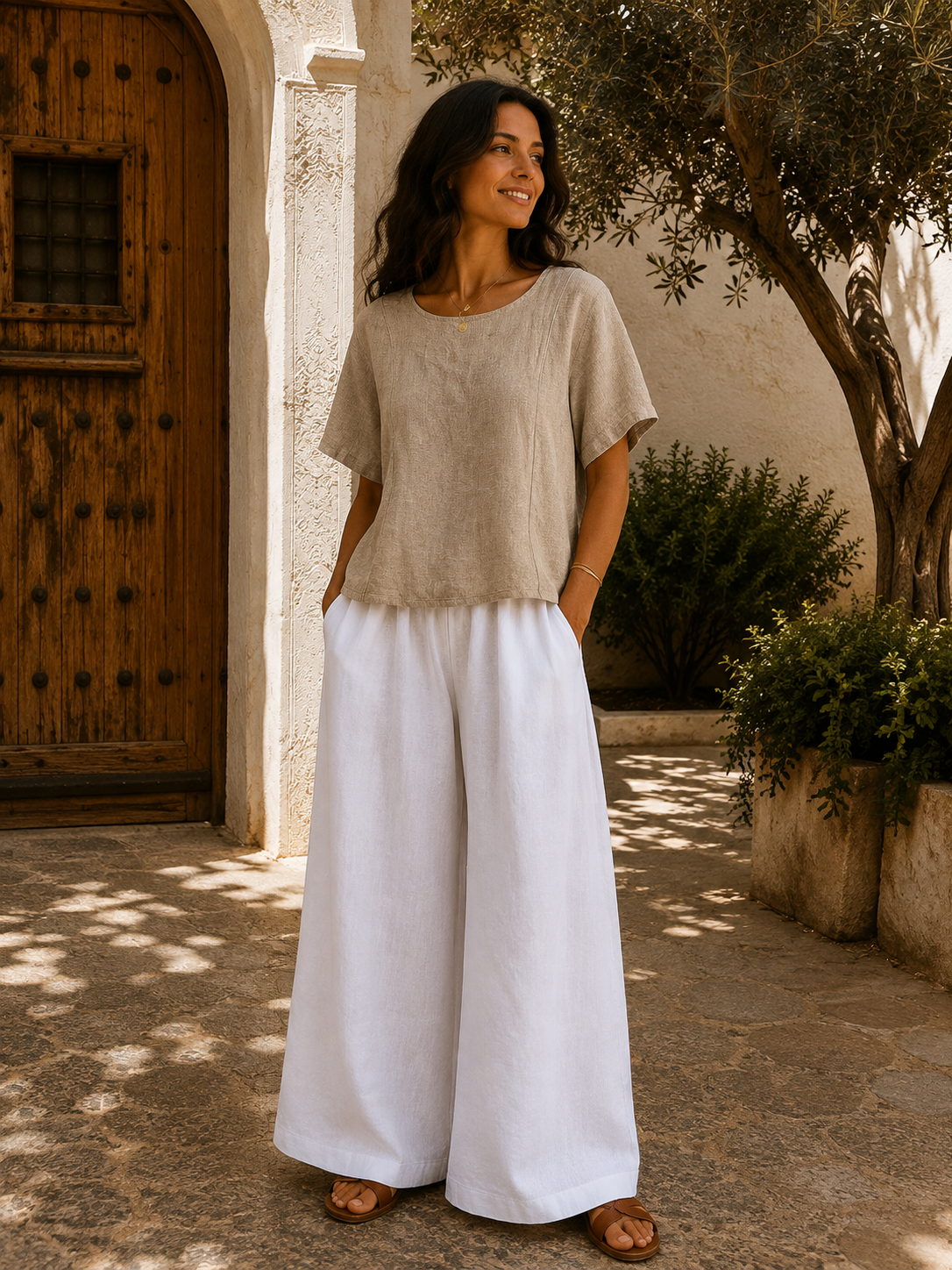 New Women’s Italian Linen Mix Short Sleeve Top With Button Fastening On Back