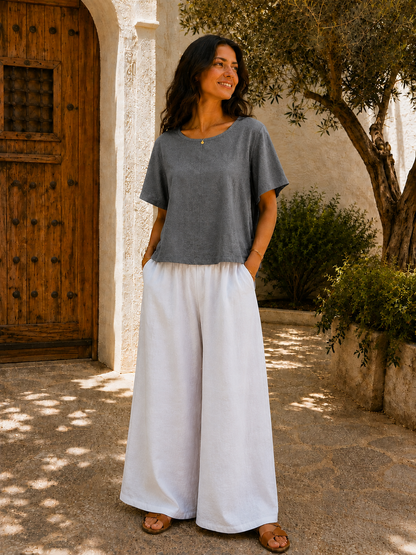 New Women’s Italian Linen Mix Short Sleeve Top With Button Fastening On Back