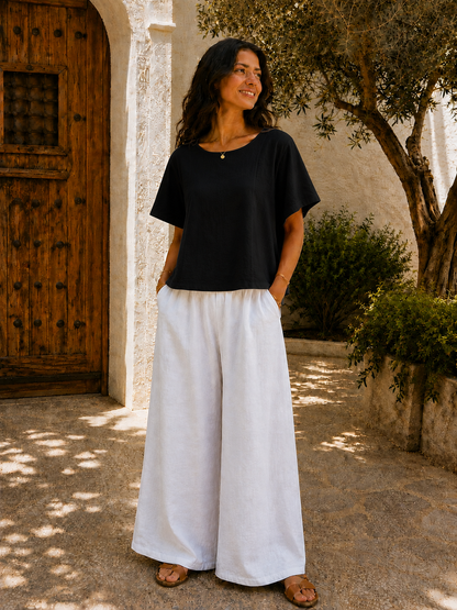 New Women’s Italian Linen Mix Short Sleeve Top With Button Fastening On Back