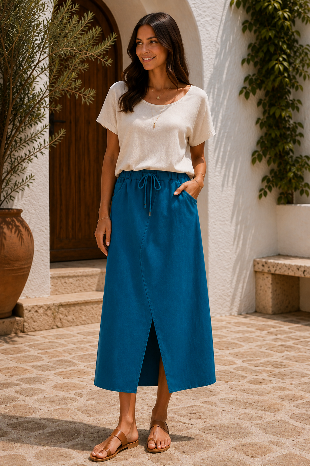 Womens Italian Quirky Soft Stretchy Magic Midi Skirt with Front Slit