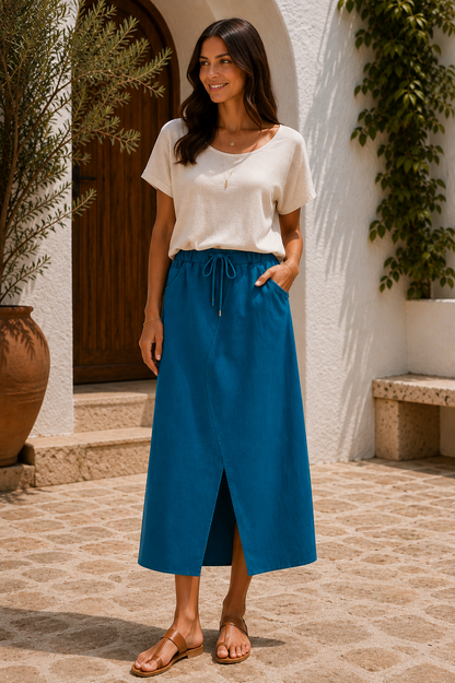Womens Italian Quirky Soft Stretchy Magic Midi Skirt with Front Slit