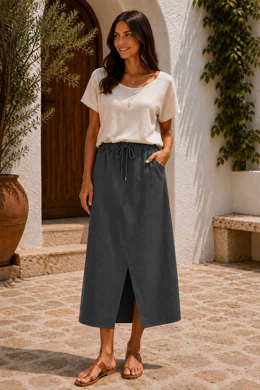 Womens Italian Quirky Soft Stretchy Magic Midi Skirt with Front Slit