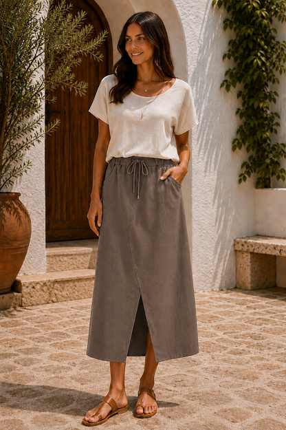 Womens Italian Quirky Soft Stretchy Magic Midi Skirt with Front Slit