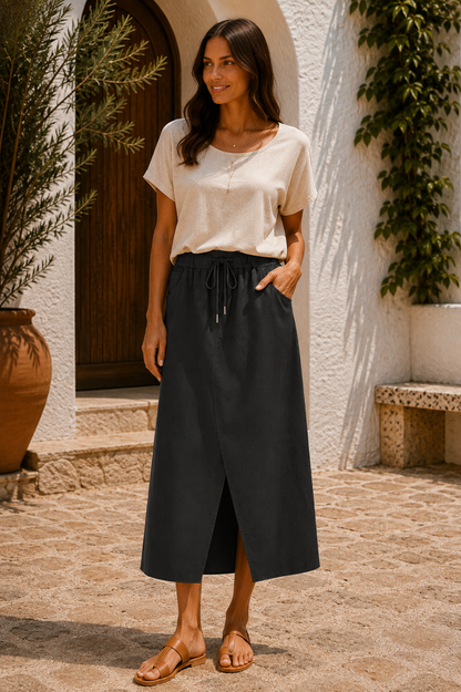 Womens Italian Quirky Soft Stretchy Magic Midi Skirt with Front Slit