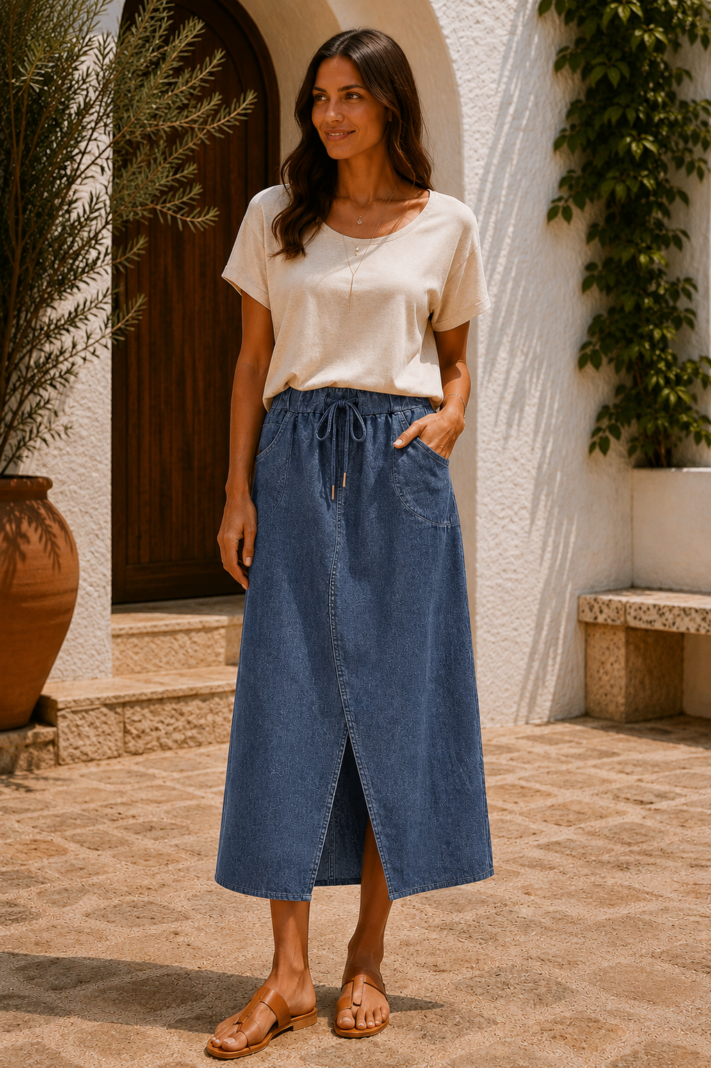 Womens Italian Quirky Soft Stretchy Magic Midi Skirt with Front Slit