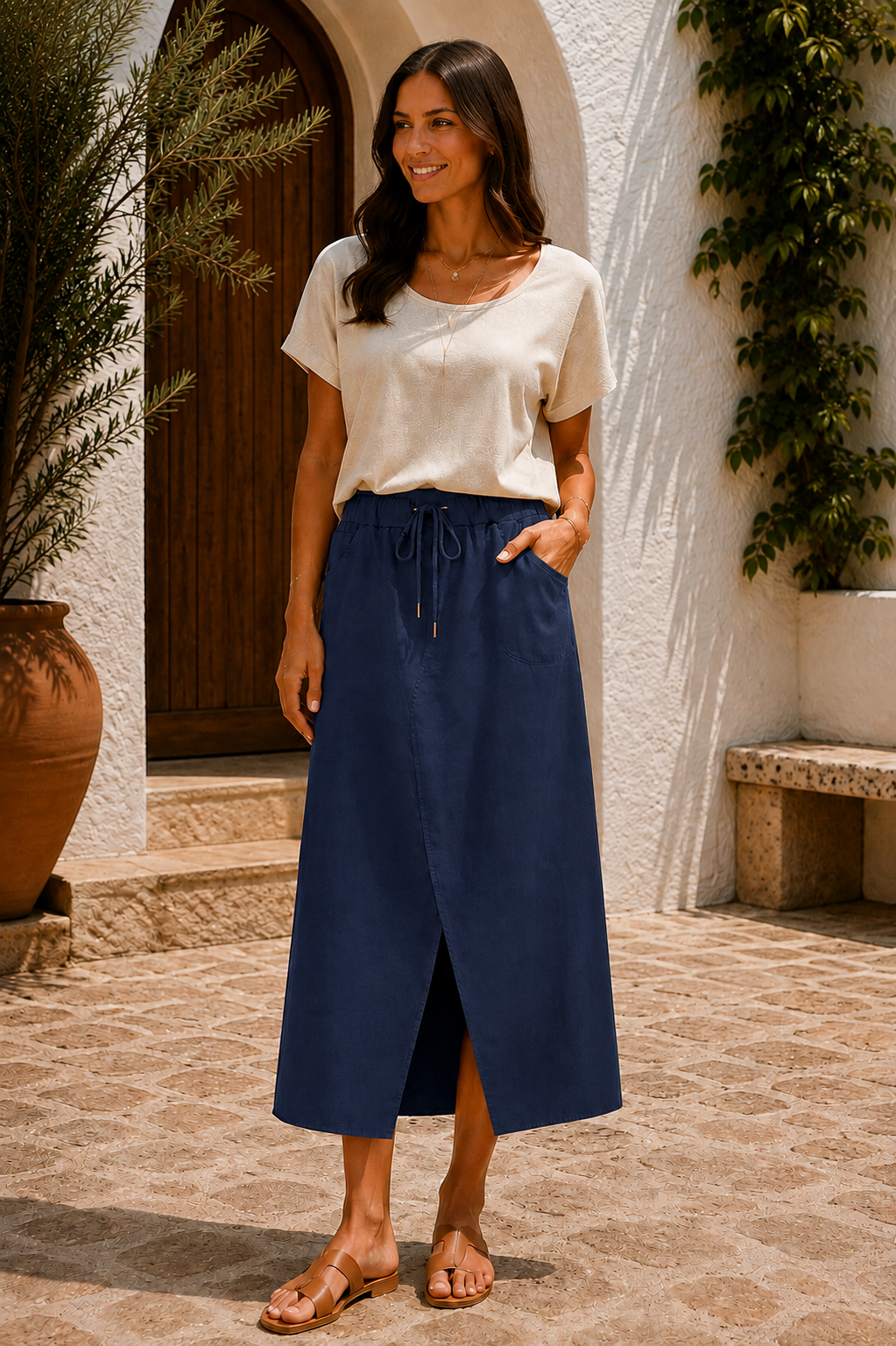 Womens Italian Quirky Soft Stretchy Magic Midi Skirt with Front Slit