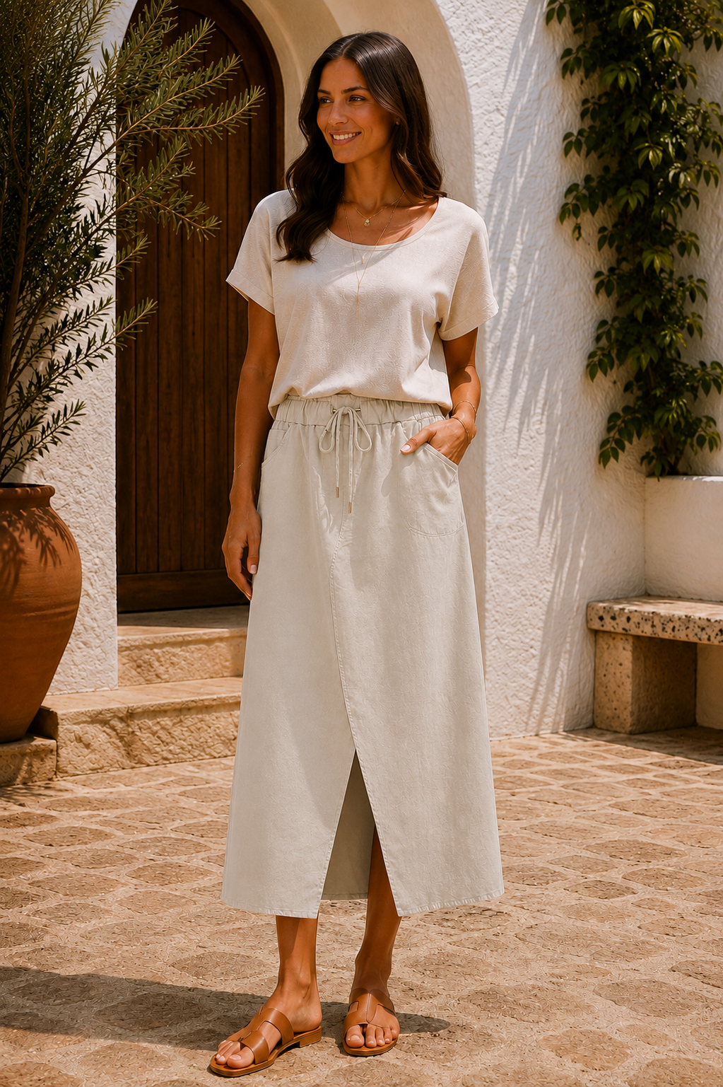 Womens Italian Quirky Soft Stretchy Magic Midi Skirt with Front Slit
