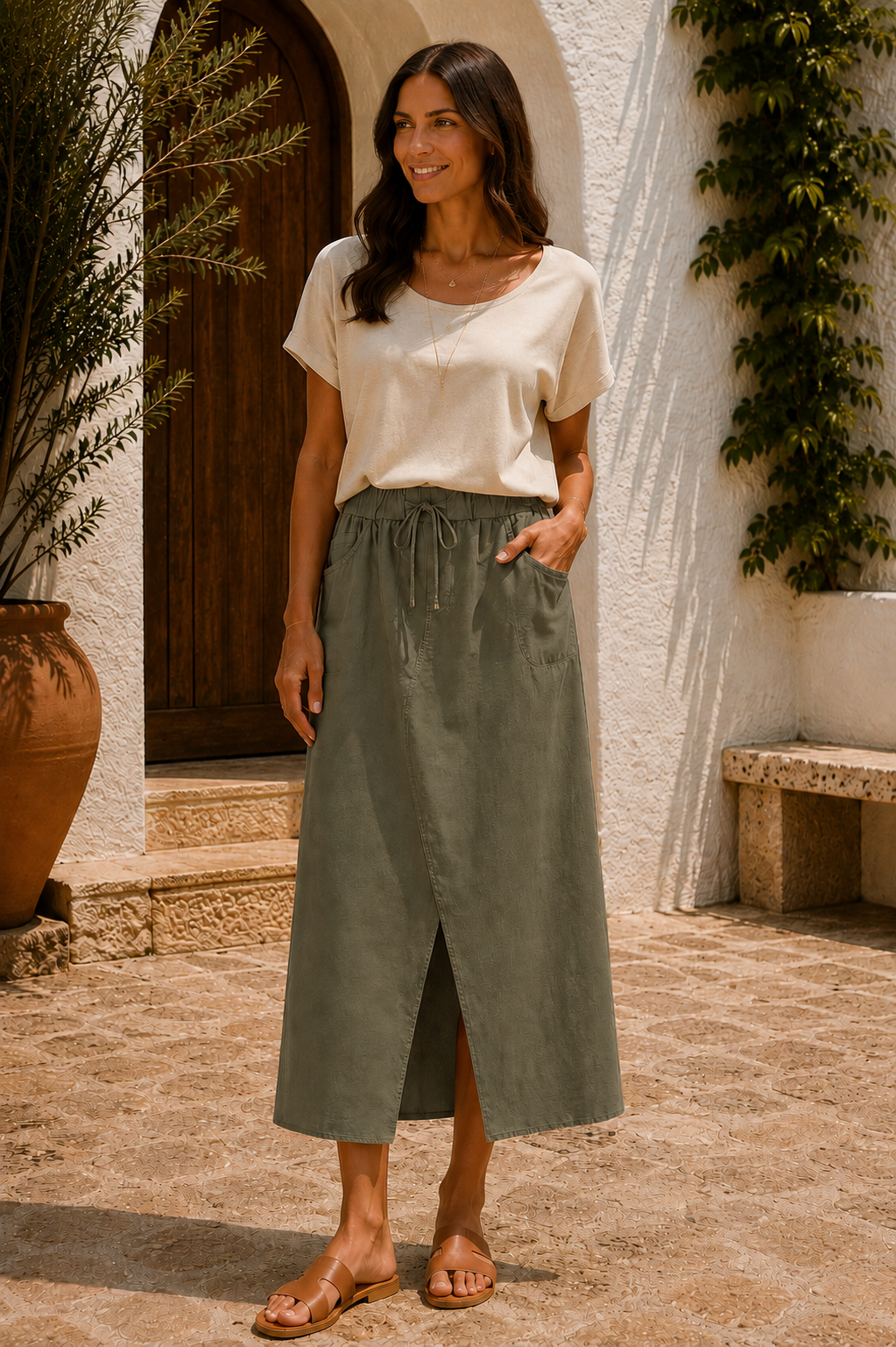 Womens Italian Quirky Soft Stretchy Magic Midi Skirt with Front Slit
