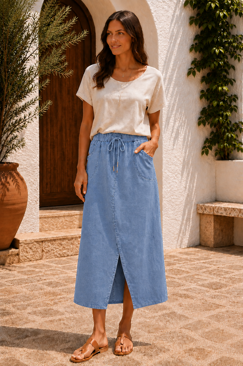 Womens Italian Quirky Soft Stretchy Magic Midi Skirt with Front Slit