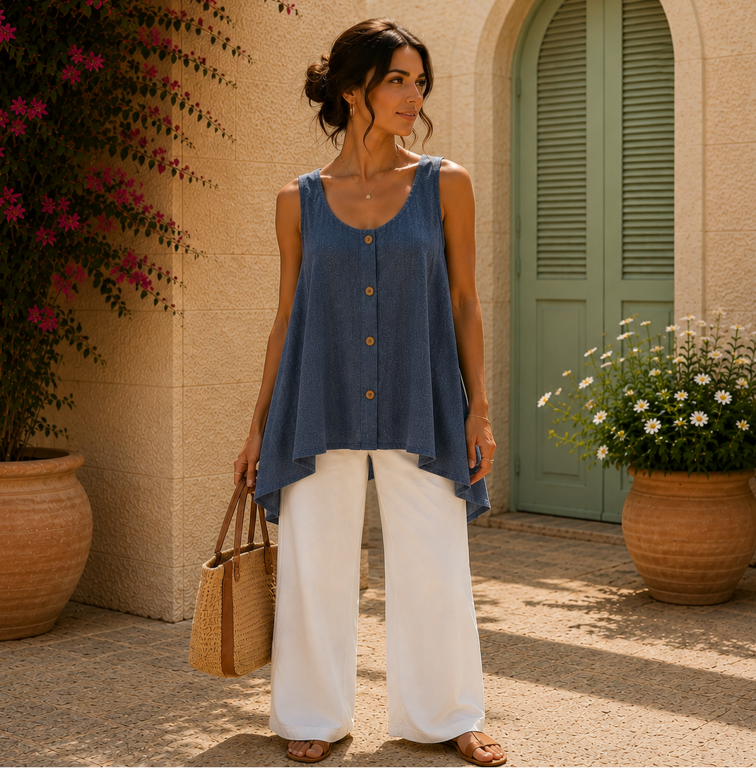 Women’s Italian Linen Blend Layering A- Line Sleeveless Vest Top With Buttons