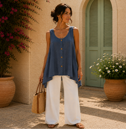 Women’s Italian Linen Blend Layering A- Line Sleeveless Vest Top With Buttons