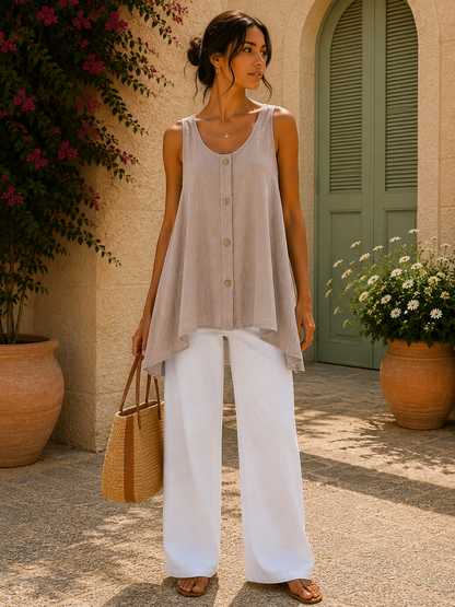 Women’s Italian Linen Blend Layering A- Line Sleeveless Vest Top With Buttons
