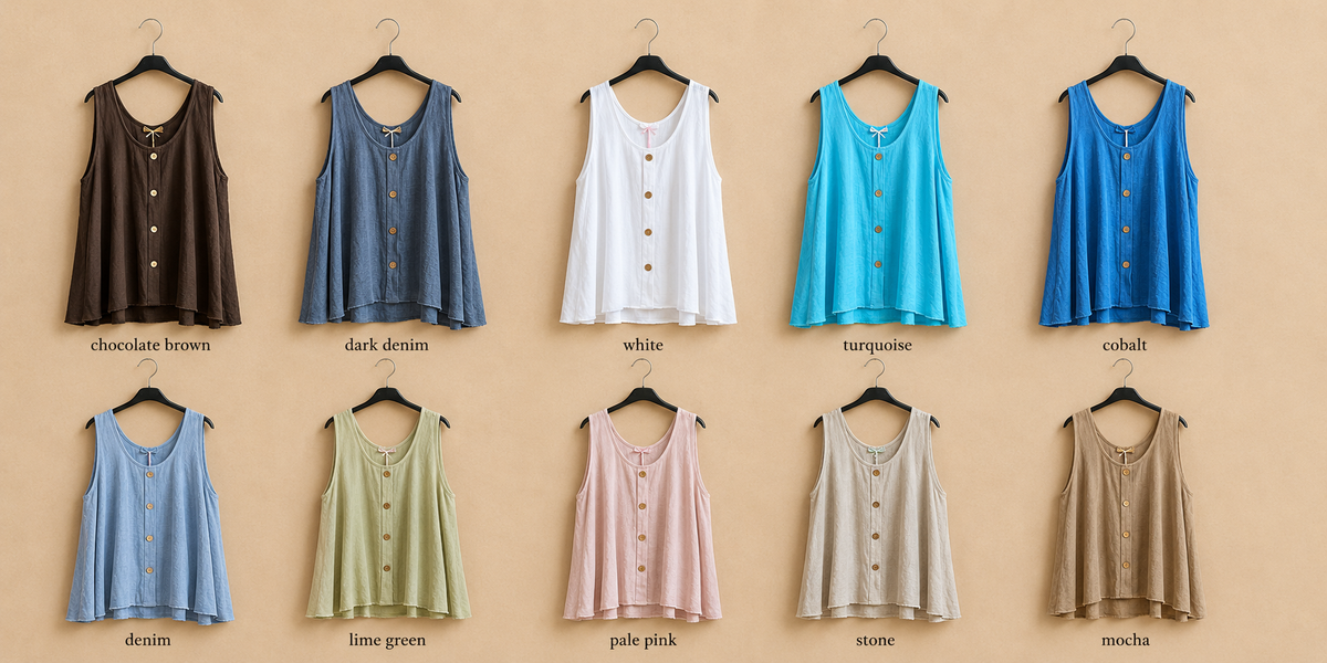Women’s Italian Linen Blend Layering A- Line Sleeveless Vest Top With Buttons