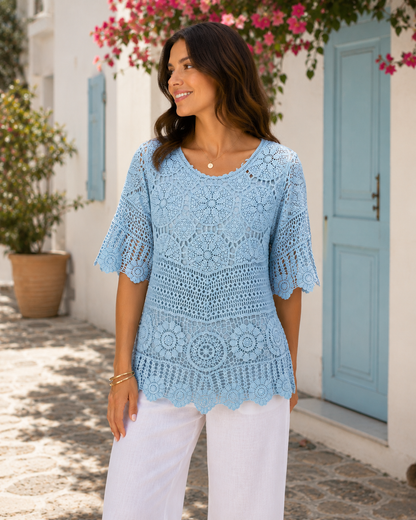 Brand New Womens Lagenlook Italian 2 Piece Crochet Quirky Casual Tunic Top