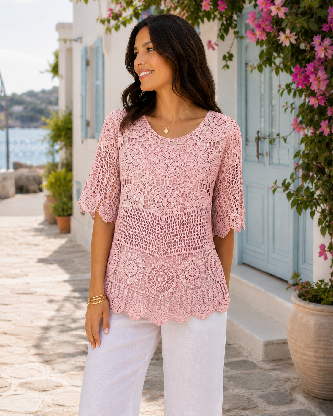 Brand New Womens Lagenlook Italian 2 Piece Crochet Quirky Casual Tunic Top