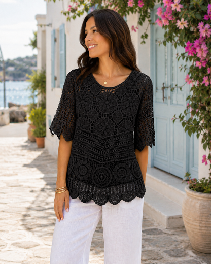 Brand New Womens Lagenlook Italian 2 Piece Crochet Quirky Casual Tunic Top