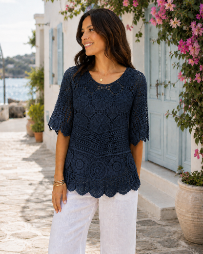 Brand New Womens Lagenlook Italian 2 Piece Crochet Quirky Casual Tunic Top