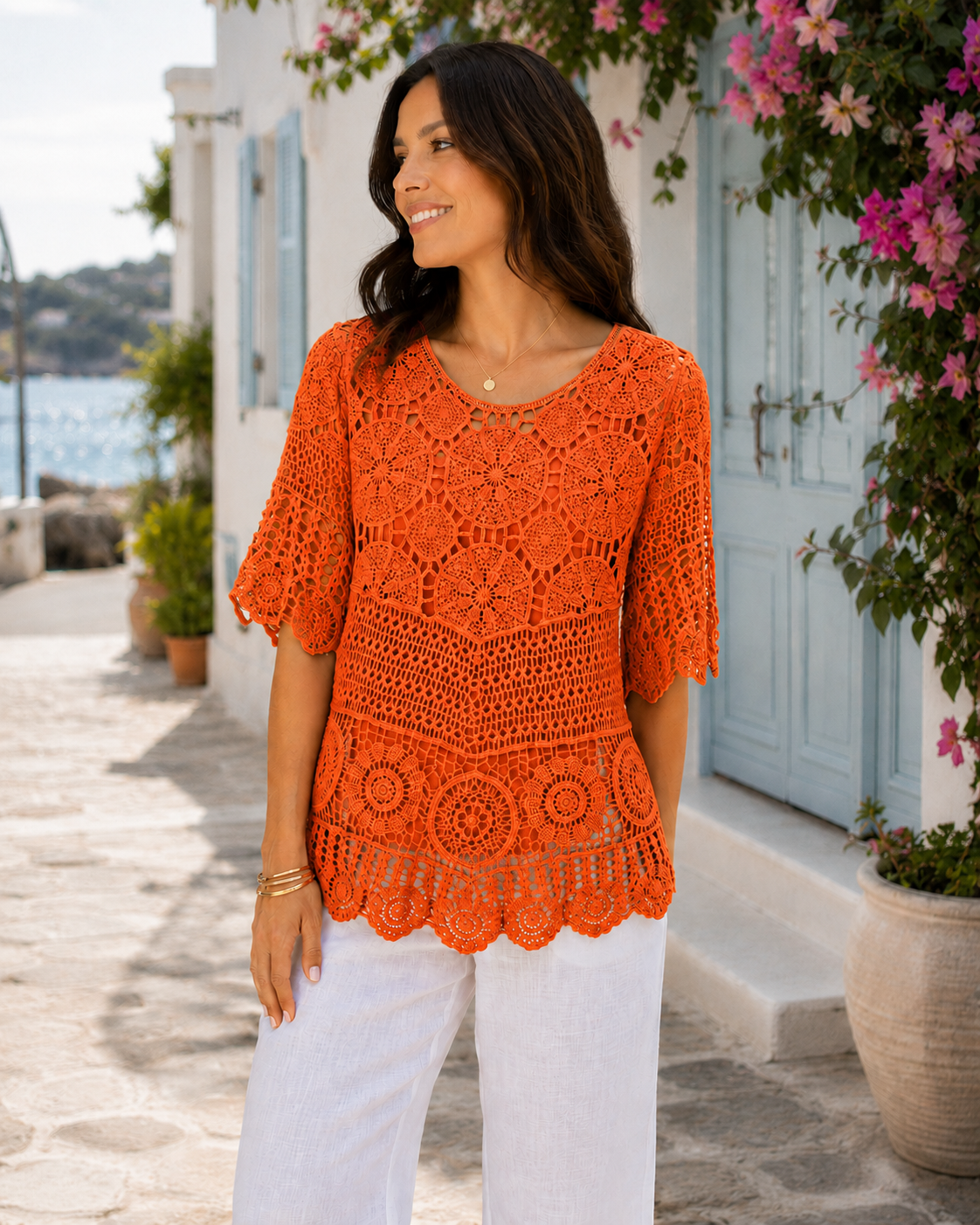 Brand New Womens Lagenlook Italian 2 Piece Crochet Quirky Casual Tunic Top