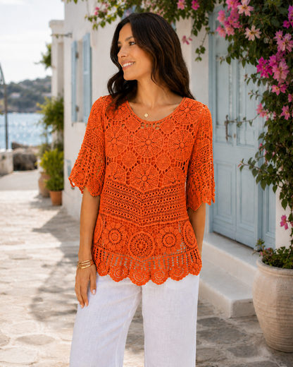 Brand New Womens Lagenlook Italian 2 Piece Crochet Quirky Casual Tunic Top